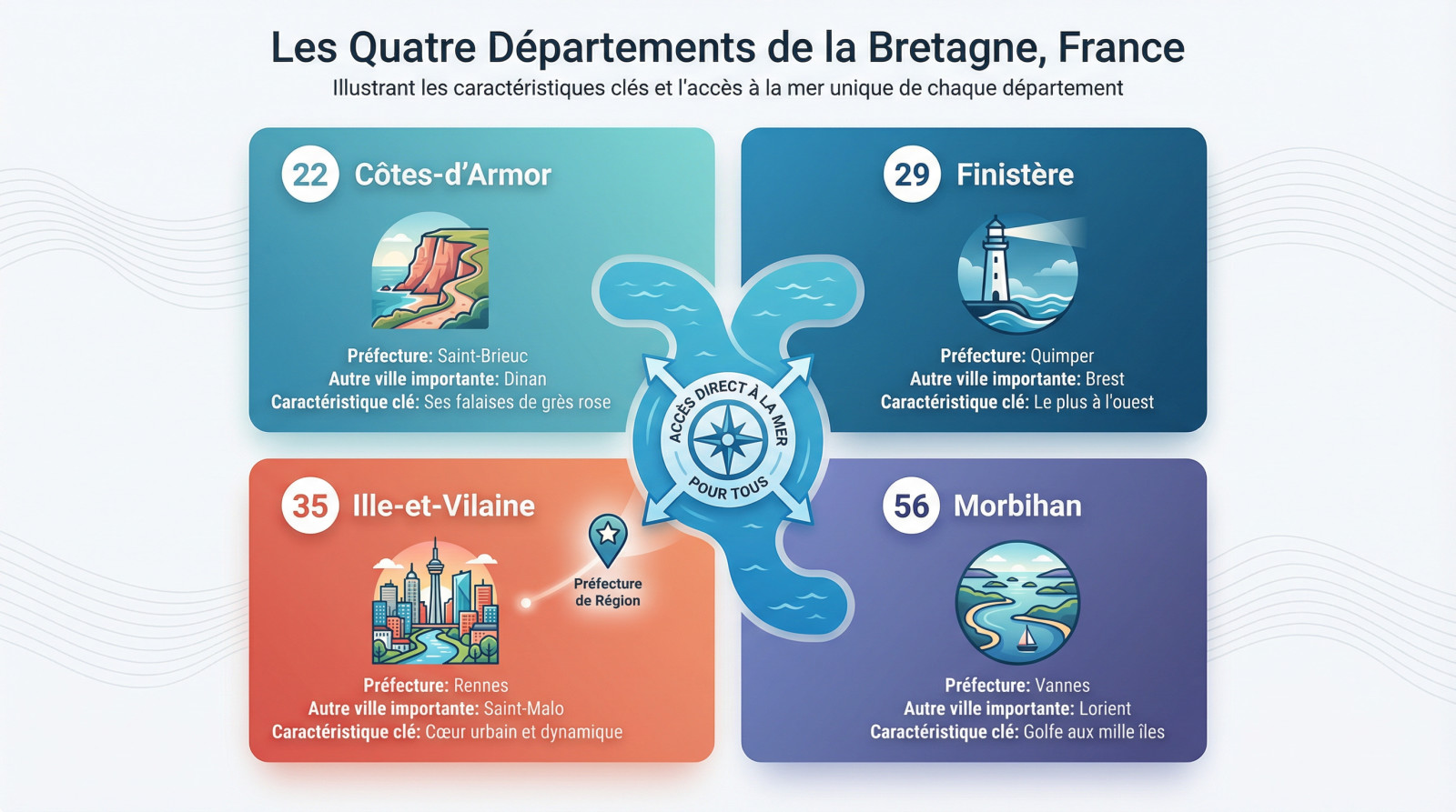 Carte illustrant les 4 départements de la région Bretagne et leur accès direct à la mer