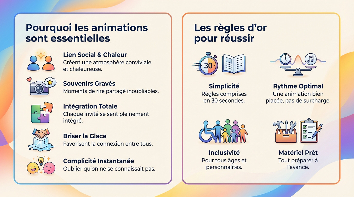 Invités riant ensemble lors d'une animation de mariage conviviale et inclusive