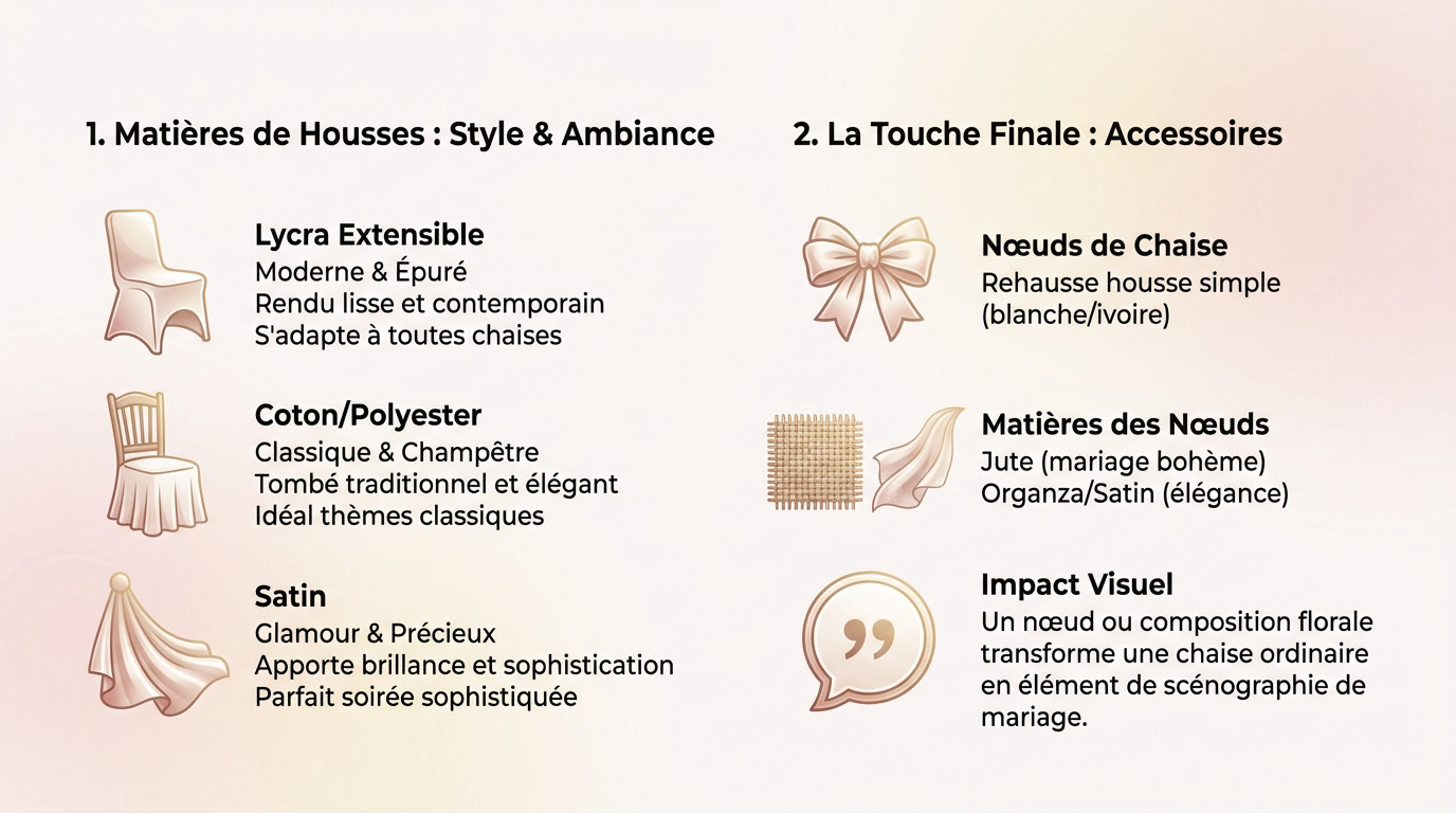 Différents styles de housses de chaise et nœuds pour une ambiance de mariage personnalisée