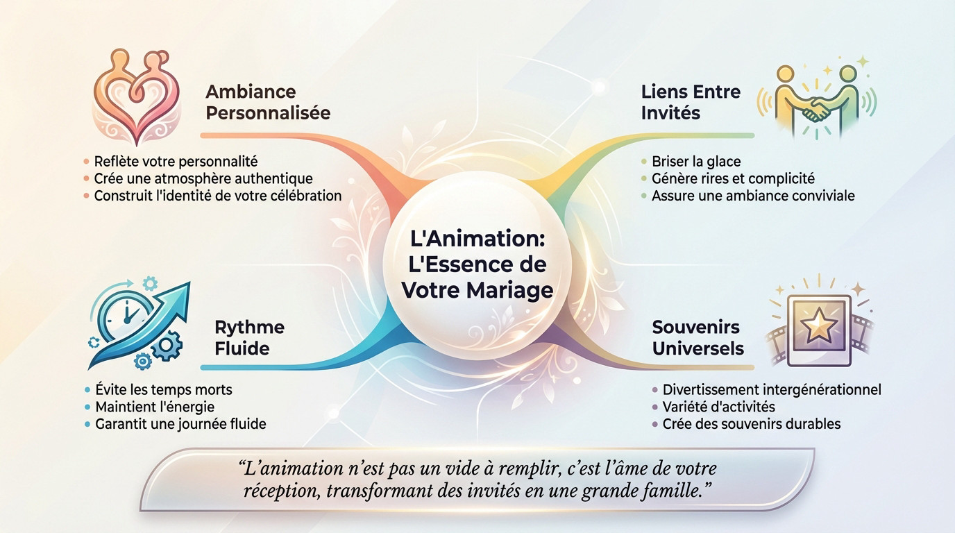 Mariés et invités profitant d'une animation de mariage conviviale et authentique