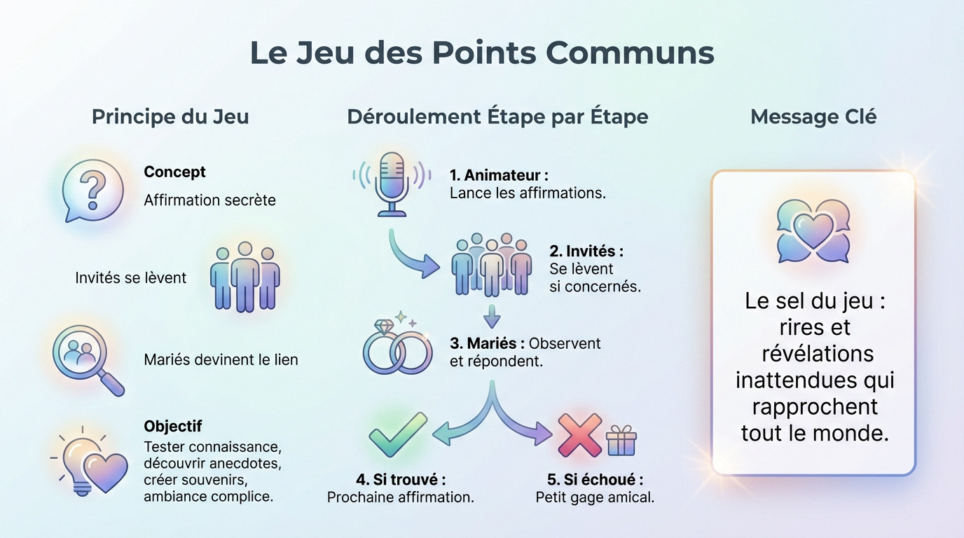 Mariés complices essayant de deviner le lien entre les invités lors du jeu des points communs
