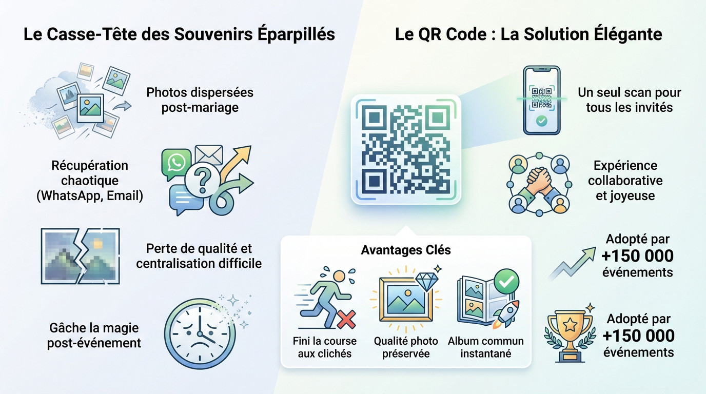 Mariés utilisant un QR code élégant pour collecter les photos de mariage des invités