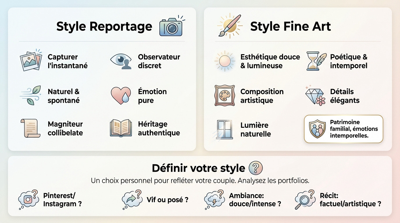 Comparaison visuelle entre le style reportage spontané et le style fine art artistique pour un mariage