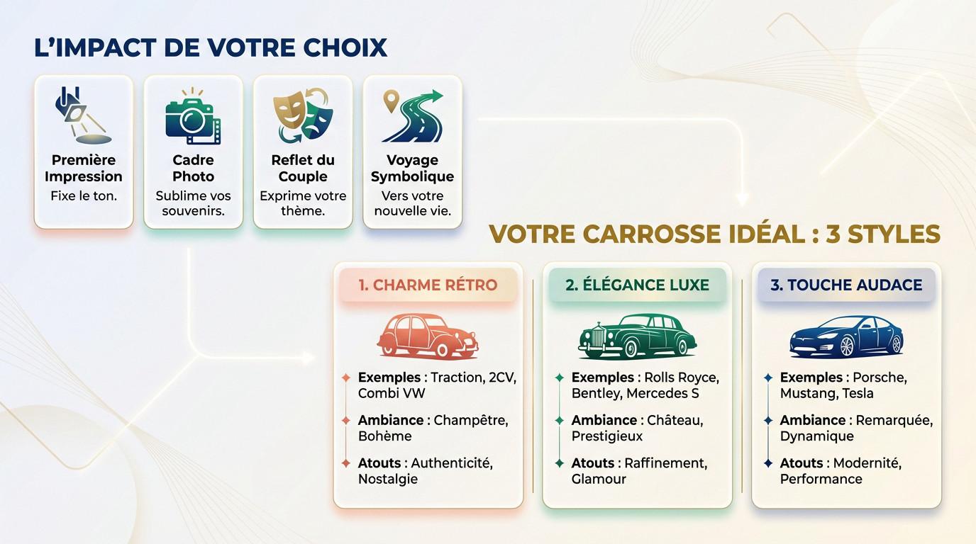 Mariés heureux devant une voiture de collection élégante décorée de fleurs